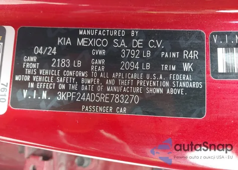 2024 Kia Forte Lxs z USA, uszkodzony, nr VIN 3KPF24AD5RE783270